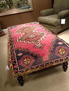 Rug upholstered ottoman Rug Upholstered Ottoman, Ottoman Furniture, Ottoman Decor, Tufted Ottoman, Funky Furniture, Diy Chair, Upholstered Ottoman, Upholstered Furniture, Bahrain