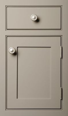 a gray cabinet with two drawers and knobs