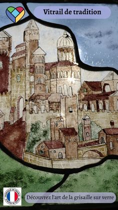 a stained glass window with an image of a castle in the middle and text that reads virtual de tradion