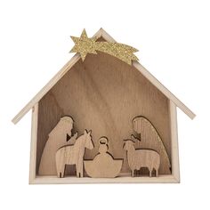 a wooden nativity scene with three animals and a star in the top, on a white background