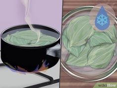 a bowl filled with green leafy vegetables next to an image of a pot full of leaves