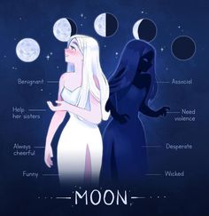 two women standing next to each other in front of the moon with their names on it