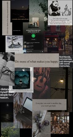 a collage of images with words and pictures on them, including an image of a laptop