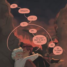 two people hugging each other in front of some rocks with speech bubbles above their heads