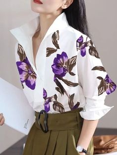 Long Sleeves Loose Flower Print Stand Collar Blouses&Shirts Tops