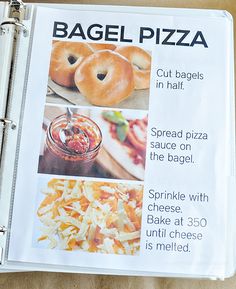 the bagel pizza recipe book is open to show instructions for how to make it