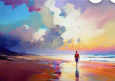 a painting of a man walking on the beach at sunset with clouds in the sky