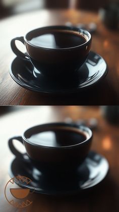 two pictures of a coffee cup and saucer