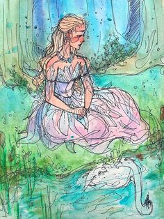 a watercolor and ink drawing of a woman sitting on the ground next to a swan