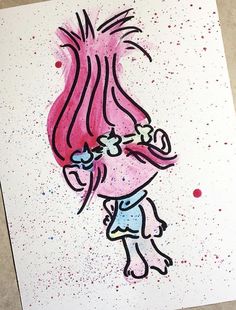 a drawing of a girl with pink hair