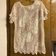 Exquisitely Hand Designed And Crocheted, Light Cream Top. Nwot. Intricately Detailed With Sparking Sequins. 190% Cotton. See Through. Chic And Unique. 20” Armpit To Armpit. 30” Long (To Bottom Of Scallop). Smoke Free Home. Casual Blouse With Crochet Lace, Crochet Lace Short Sleeve Blouse For Vacation, Beige Crochet Lace Blouse For Spring, Chic Crochet Top With Lace Work, Casual Fitted Blouse With Lace Work, Beige Lace Top Blouse For Beach, Beige Lace Top Blouse For The Beach, Casual Fitted Lace Work Blouse, Casual Beige Lace Top