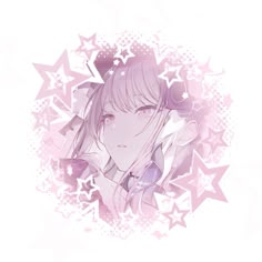 an anime character with pink hair and stars around her