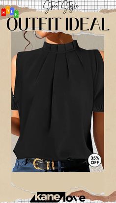 Black Split Sleeve Plain Top Casual Black Blouse, Non-stretch Black Short Sleeve Top, Black Summer Tops For Workwear, Black Summer Tops For Work, Black Non-stretch Tops For Work, Black Stretch Blouse For Office, Trendy Black Office Blouse, Versatile Black Blouse For Office, Black Spring Office Blouse