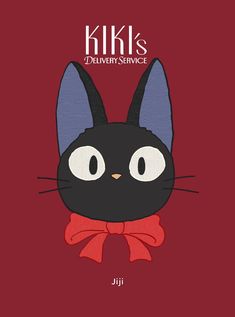 a black cat with a red bow on it's neck and the words kiki's delivery service