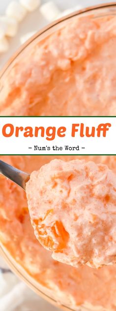 a spoon full of orange fluff with the words num's the word above it