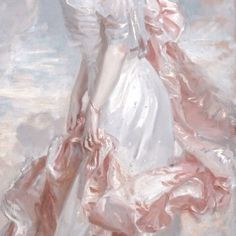 a painting of a woman in a white dress with pink and white ruffles