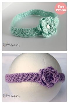 crocheted headbands with flower on top and side by side, both made from yarn