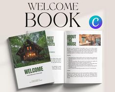 an open book with the title'welcome book'in front of it and a photo of