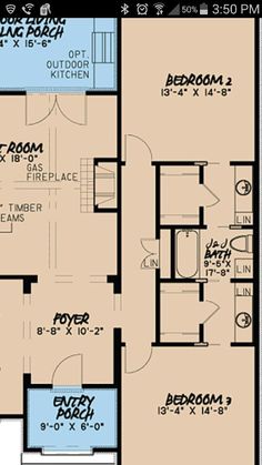 the floor plan for a house with three bedroom and an attached garage area, including a second