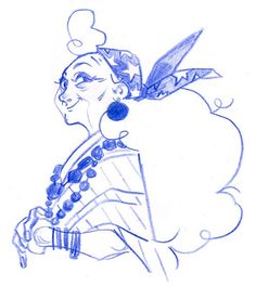 a drawing of a woman with blue hair