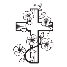 a cross with flowers on it and leaves around the cross is shown in black and white