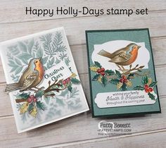 two christmas cards with the words happy holly - days stamp set and an image of two birds