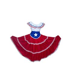 Puerto Rican Traditional Bomba Dress with Red Skirt and Blue Flag Belt Puerto Rico Clothing, Dress With Skirt, Star Belt, Tropical Art Print, Puerto Rican Culture, Blouse Skirt, Blue Flag, Red Skirt, Island Style