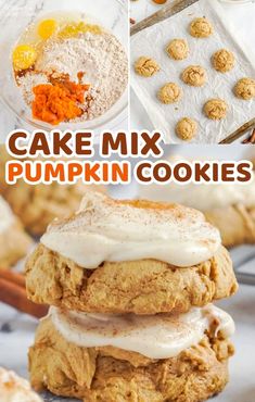 pumpkin cookies are stacked on top of each other with icing and powdered sugar