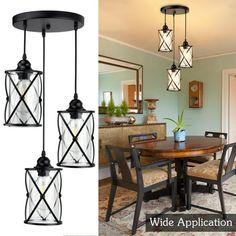 three lights hanging from the ceiling above a dining room table