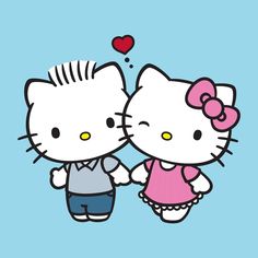 a hello kitty couple holding hands with a red heart above their head on a blue background