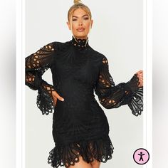 Prettylittlethings Black High Neck Lace Long Sleeve Frill Mini Dress Tag Intact Lace Bodycon Dress Long Sleeve, Long Sleeve Smock Dress, Black Long Sleeve Mini Dress, Frill Mini Dress, Leg Of Mutton Sleeve, Split Hem Dress, Cami Midi Dress, Ribbed Bodycon Dress, Frill Dress