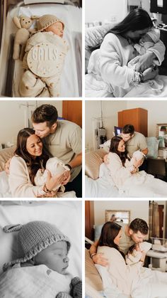 four different pictures of people and their babies