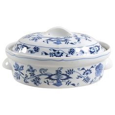 a blue and white casserole dish with handles