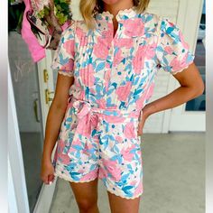 Adorable Romper - Brand New! Fate From Amor Boutique Size Medium - Fits Like A 4/6 Fitted Casual Jumpsuits And Rompers For Pajama Party, Chic Pink Floral Print Jumpsuits And Rompers, Chic Pink Floral Print Jumpsuit, Pink Floral Print Jumpsuits And Rompers With Short Sleeves, Casual Jumpsuits And Rompers For Pajama Party, Pink Floral Print Short Sleeve Jumpsuits And Rompers, Pink Short Sleeve Casual Jumpsuits And Rompers, Pink Floral Print Short Sleeve Jumpsuit, Pink Short Sleeve Casual Jumpsuit