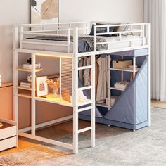 a white loft bed with a desk underneath it and a blue storage compartment under the bed