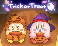 two cartoon characters sitting next to each other in front of a trick or treat sign