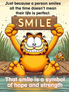 a cartoon cat holding up a sign with the words smile on it's face