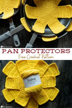 the crochet pan protectors are made with yarn and have flowers on them