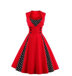 This sleeveless, retro-inspired A-Line dress featuring a double breasted collar, polka dot pattern, fitted bodice and swing skirt is a fashion classic. This fun skirt is perfect for any fun occasion and this lovely classic is made with a cotton and polyester blend so you'll be comfortable while being stylish. Comes in 7 fun color patterns. Polka Dot Patchwork Dress For Party, Polka Dot Patchwork Party Dress, Party Polka Dot Patchwork Dress, Spring Vintage Dress For Retro-themed Events, Polka Dot Dresses For Retro-themed Events, Vintage Dress For Retro-themed Spring Events, Vintage Patchwork Dresses For Party, 1950s Style Polka Dot Dress For Retro-themed Events, Vintage Dress For Retro-themed Events