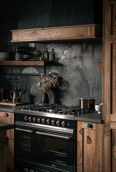 a black stove top oven sitting inside of a kitchen next to wooden cabinets and shelves