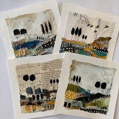 four pieces of art with trees and houses on them, all handmade from recycled paper