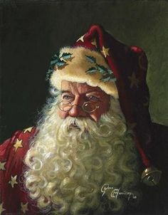 an oil painting of santa claus with stars on his hat and beard, looking at the camera