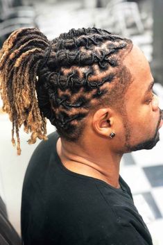 Dreadlocks For Men To Try In 2023 ★ Men Locs Hairstyles Black Man Updo, Locs Ponytail Styles Men, Dread Updo For Men, Professional Loc Styles Men, Mens Dreadlocks, Loc Styles For Men Short, Barrel Locs, Men’s Loc Styles, Loc Ponytail Styles