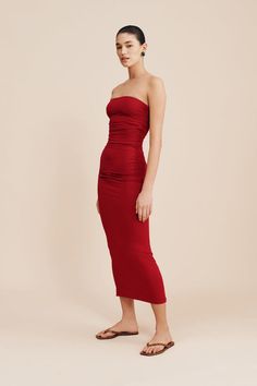 ISABELA STRAPLESS DRESS - CRIMSON Sleepwear & Loungewear, Jersey Knit Fabric, Shelf Bra, Both Sides, Evening Wear, Fabric Material, Cute Dresses, Dress Skirt, Strapless Dress