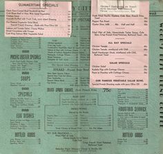 an old menu with some type of food on it's back side and other information about the restaurant