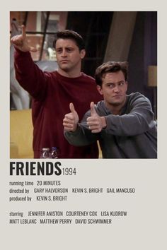 two men giving the thumbs up sign in front of an advertisement for friends, 1994