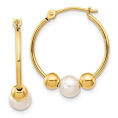 Freshwater Cultured Pearl Polished Hoop Earring Pearl Stone, Hoop Earring Sets, Yellow Earrings, Pearl Hoop Earrings, Gold Stone, Pearl Types, Earring Type, Freshwater Cultured Pearls, Fine Jewelry Gift