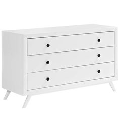 a white dresser with three drawers and two legs on it's side, against a white background