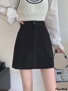 Olivia Mark - Coffee-colored Corduroy High-Waisted Mini Skirt with a Bodycon Fit Velvet Midi Skirt, Stylish Women Fashion, Skirts Midi High Waisted, Coffee Color, High Waisted Pencil Skirt, Wrap Around Skirt, Color Cafe, Denim Midi Skirt, Fall Skirts