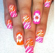 Hawaiian flower nails Hawaiian Flower Nails, Neon Pink Nail Polish, Summer Hibiscus, Tropical Nail Art, Neon Pink Nails